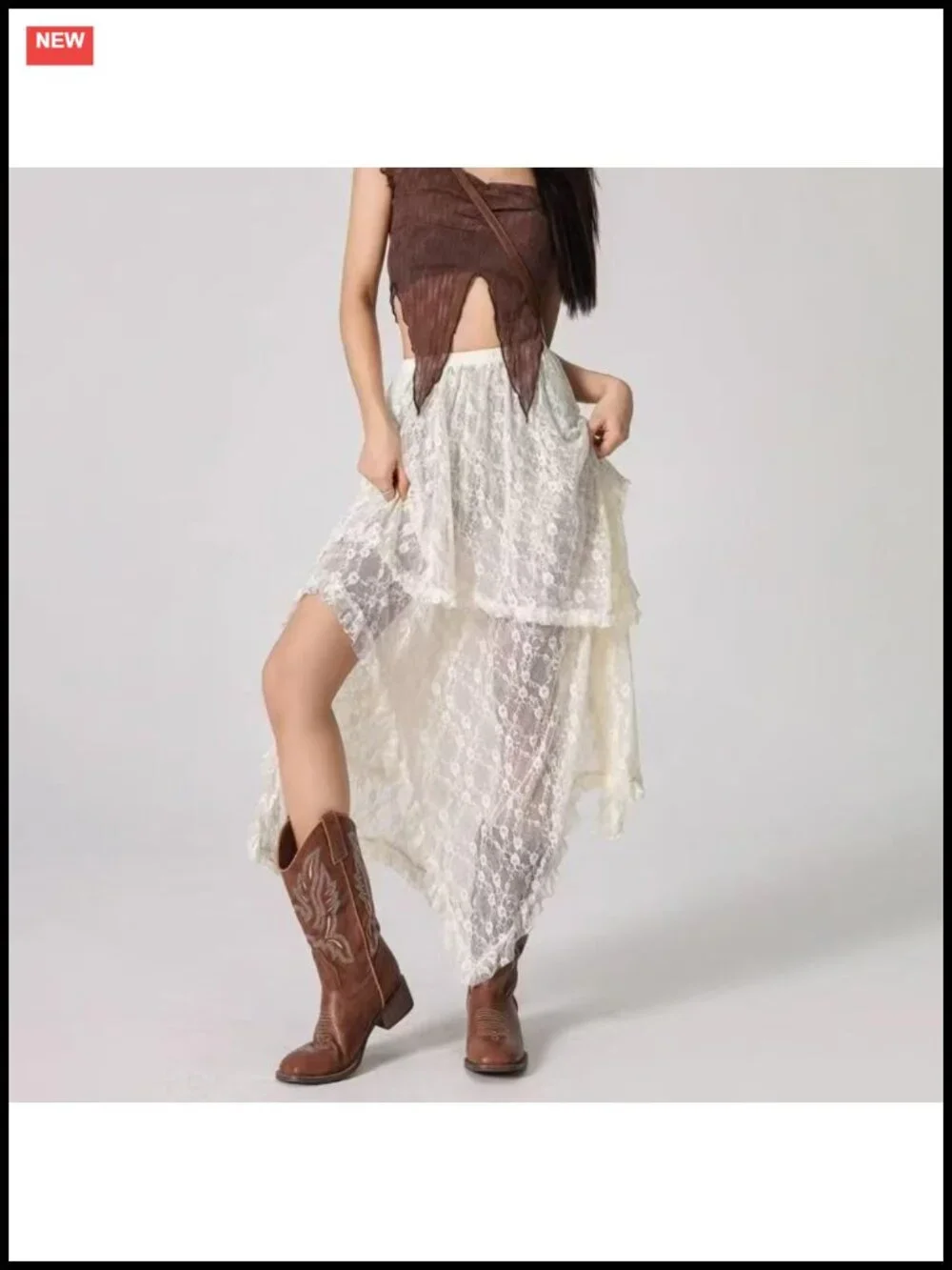 Women's Lace Maxi Skirt Asymmetrical Ruffle Sheer Flowy
